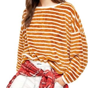 Free People Striped Fuzzy Crewneck Sweater in White and Mustard